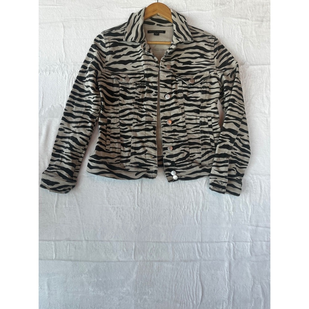 Boston Proper Zebra Print‎ Denim Jacket Women's XS Light Wash Button Front
